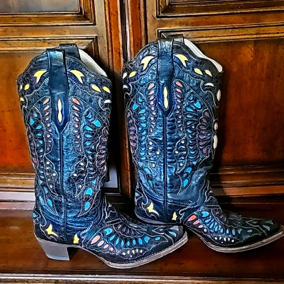 Corral Shoes - CORRAL BLACK MULTI COLOR INLAY BUTTERFLY BOOTS - SZ. 7M - EUC!